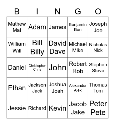 Basic Guy Names Bingo Card