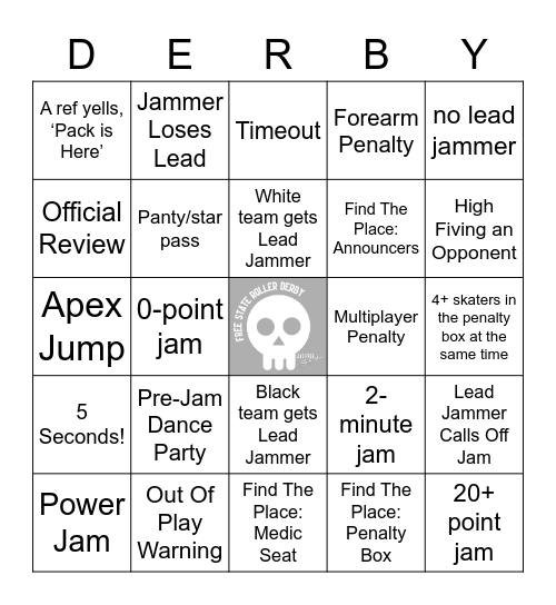 Free State Roller Derby Bingo Card