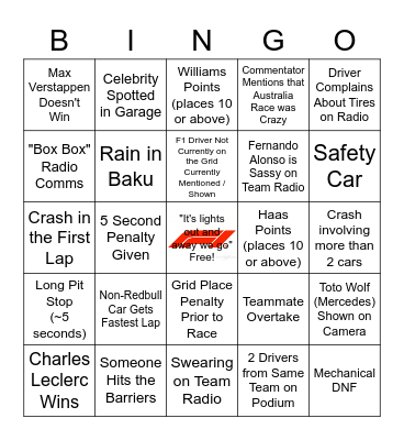 F1 Bingo - Azerbaijan Gran Prix Bingo Card