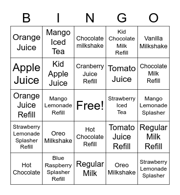 Beverage Sales Bingo Card