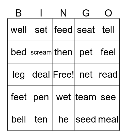 Long and short e Bingo Card