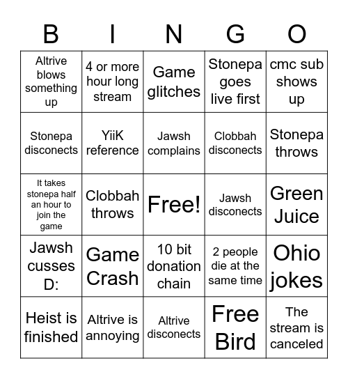 GTA Thursday Bingo Card