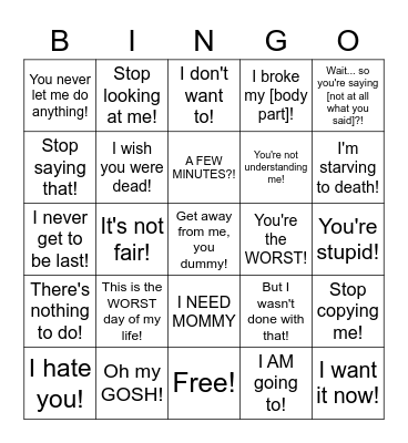 Screaming Child Bingo Card