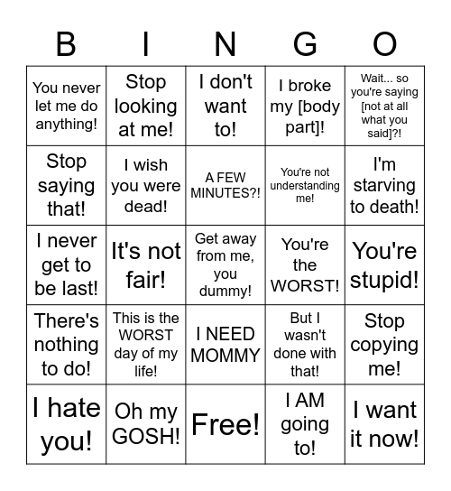 Screaming Child Bingo Card
