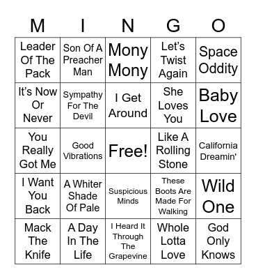 1960's Hit Songs Bingo Card