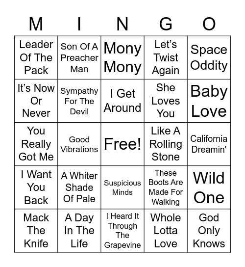 1960's Hit Songs Bingo Card