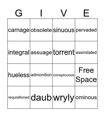 Giver Vocab List Bingo Card