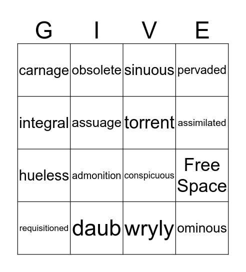 Giver Vocab List Bingo Card