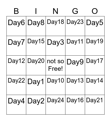 Fast "X" Bingo Card