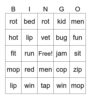 CVC Word Bingo Card