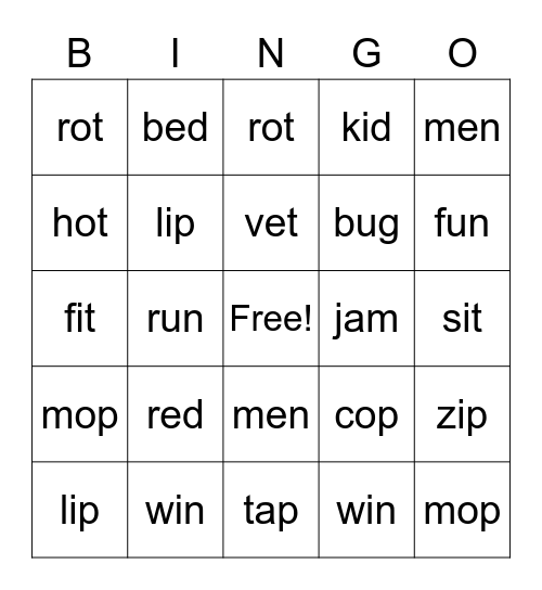 CVC Word Bingo Card