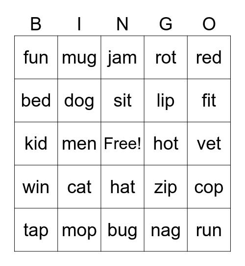 CVC Word Bingo Card