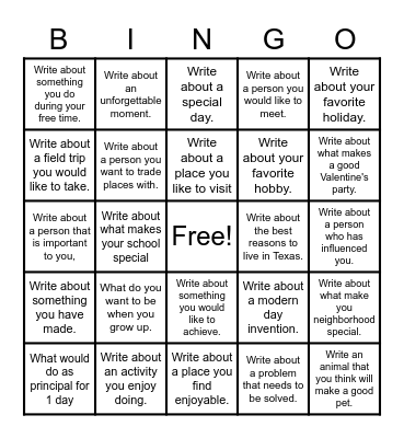 Week of 4/24/23 Writing Prompts Bingo Card
