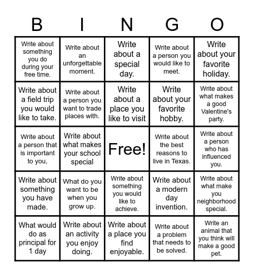 Week of 4/24/23 Writing Prompts Bingo Card