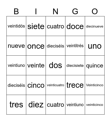 numbers 1-25 Bingo Card