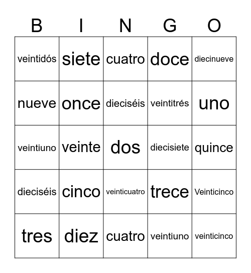 numbers 1-25 Bingo Card