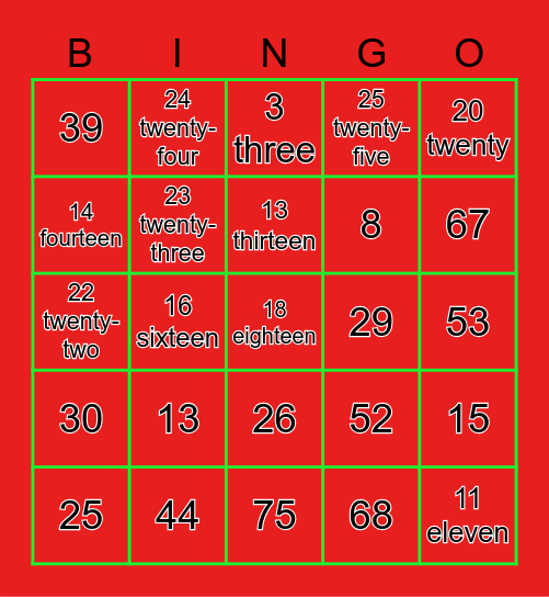 Number Bingo 1-75 Bingo Card