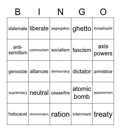 World War II Vocabulary Bingo Card