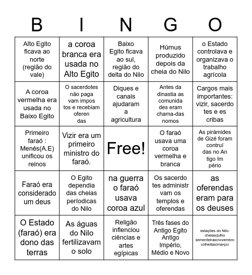 Antigo Egito Bingo Card