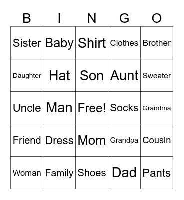 Family/Clothing Signs Bingo Card