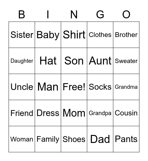 Family/Clothing Signs Bingo Card