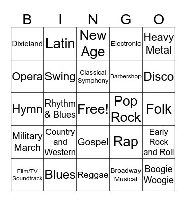 Music Styles Bingo Card