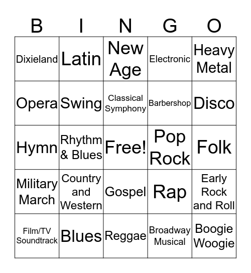 Music Styles Bingo Card