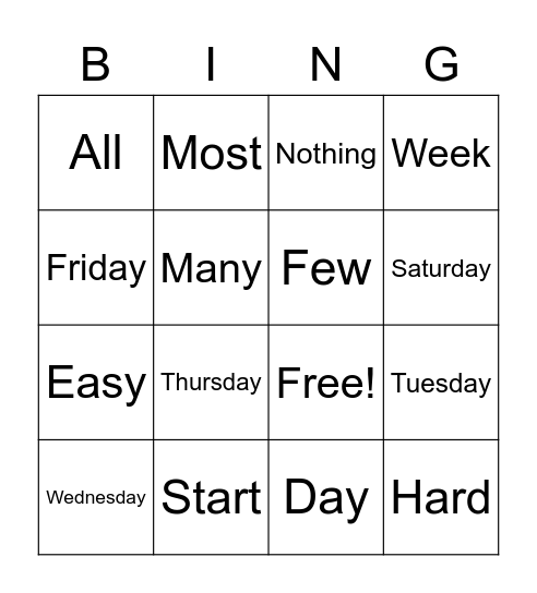 Calendar/Days of the Week Signs Bingo Card