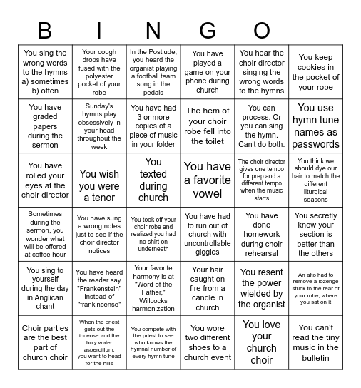 Church Music Nerd Bingo Card