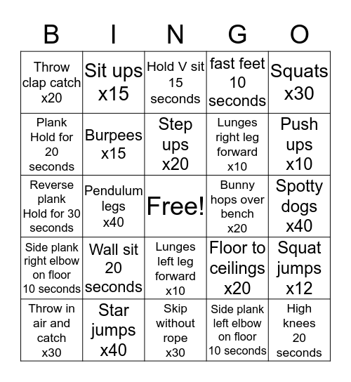 Skills challenge Bingo Card