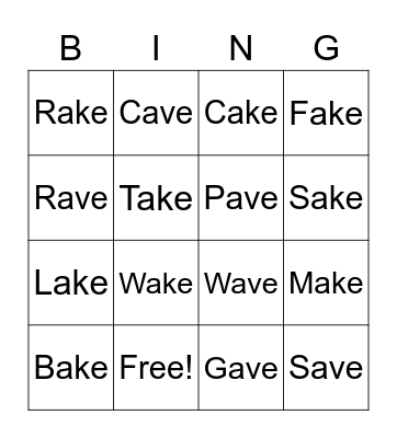 Phonics -AVE -AKE Bingo Card