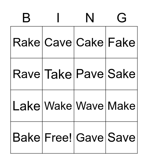 Phonics -AVE -AKE Bingo Card