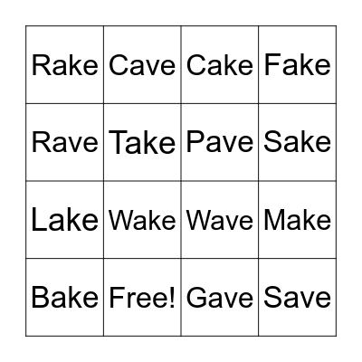 Phonics -AVE -AKE Bingo Card