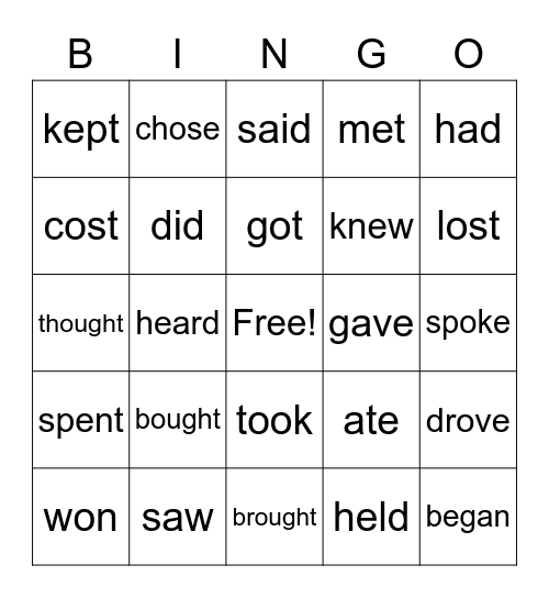 Irregular Verbs Bingo Card