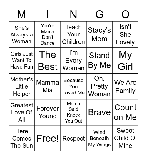 A Song For Mom Bingo Card