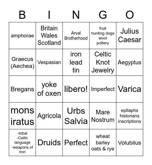 Latin:  St. 13 Culture Bingo Card