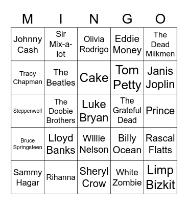 Pulse Car Songs Bingo Card