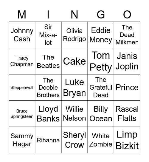 Pulse Car Songs Bingo Card