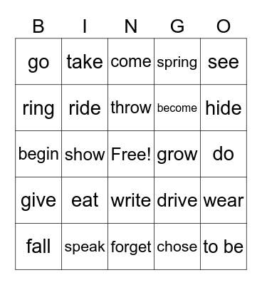 Irregular Verbs Bingo Card