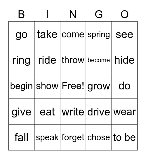 Irregular Verbs Bingo Card