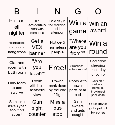 America Trip Bingo Card
