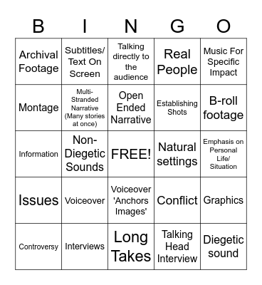 DOCUMENTARY GENERIC CONVENTIONS Bingo Card