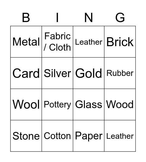 Materials Bingo! Bingo Card