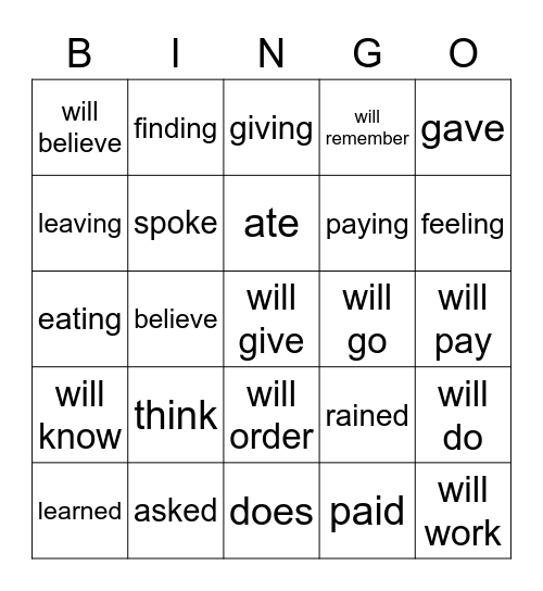 Verb Bingo Card