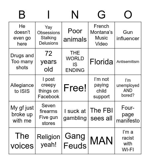 Search up five mass shooting events that align with five boxes to win Bingo Card