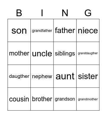 family Bingo Card