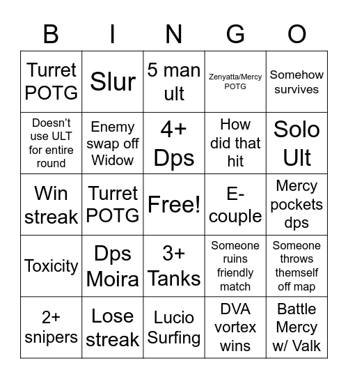 Fun Overwatch time Bingo Card