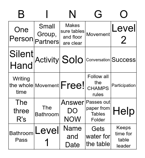 CHAMPS and Bathroom Bingo Card