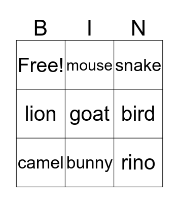 Animal Bingo Card