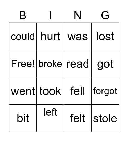 Irregular verbs Bingo Card